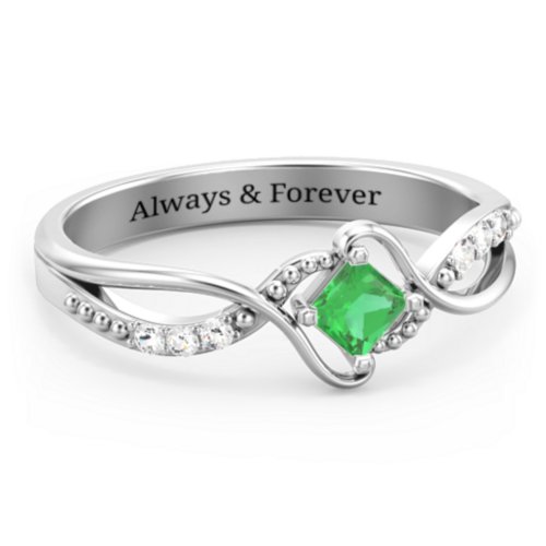 Solitaire Princess Cut Ring with Twisted Split Shank and Accents – Sterling Silver with Emerald and Cubic Zirconia