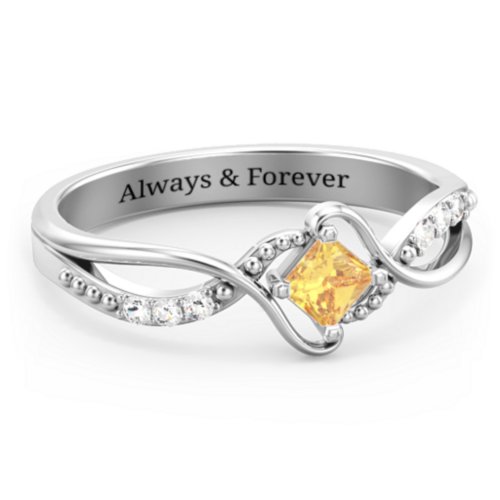Solitaire Princess Cut Ring with Twisted Split Shank and Accents – Sterling Silver with Citrine and Cubic Zirconia