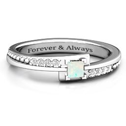 Princess Cut Ring with Accents in 925 Sterling Silver with Opal and White Premium Zirconia