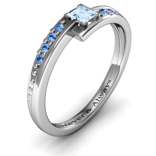 Princess Cut Ring with Accents – Sterling Silver with Aquamarine and Fancy Blue Premium Zirconia