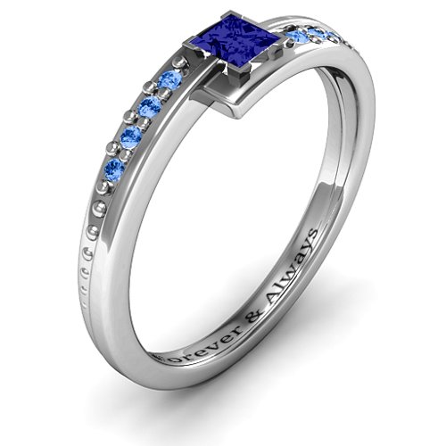 Princess Cut Ring with Accents – Sterling Silver with Blue Sapphire and Fancy Blue Premium Zirconia