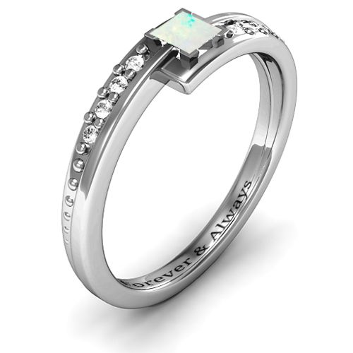 Princess Cut Ring with Accents – Sterling Silver with Opal and White Premium Zirconia