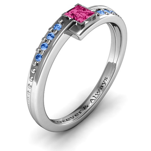 Princess Cut Ring with Accents – Sterling Silver with Ruby and Fancy Blue Premium Zirconia
