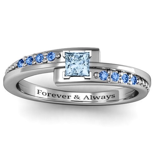 Princess Cut Ring with Accents – Sterling Silver with Aquamarine and Fancy Blue Premium Zirconia