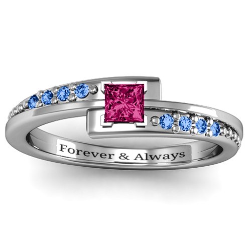 Princess Cut Ring with Accents – Sterling Silver with Ruby and Fancy Blue Premium Zirconia