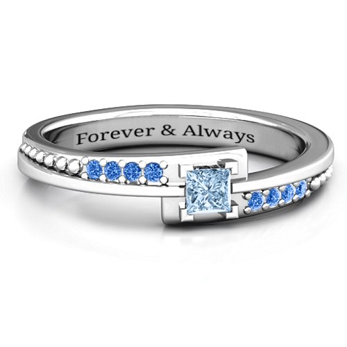 Princess Cut Ring with Accents – Sterling Silver with Aquamarine and Fancy Blue Premium Zirconia