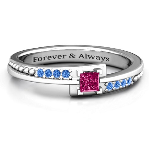 Princess Cut Ring with Accents – Sterling Silver with Ruby and Fancy Blue Premium Zirconia