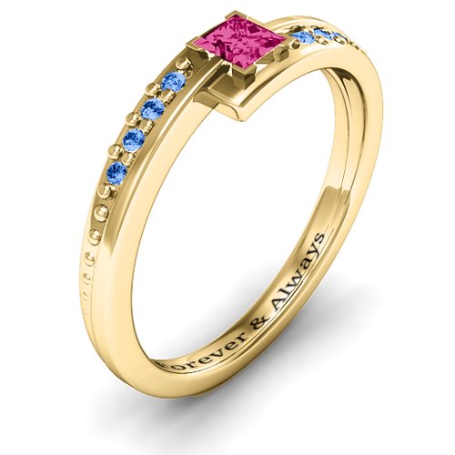 Princess Cut Ring with Accents – 10K Yellow Gold with Ruby and Fancy Blue Premium Zirconia