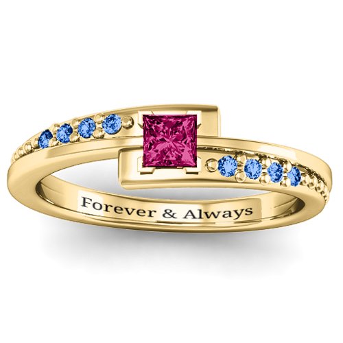 Princess Cut Ring with Accents – 10K Yellow Gold with Ruby and Fancy Blue Premium Zirconia