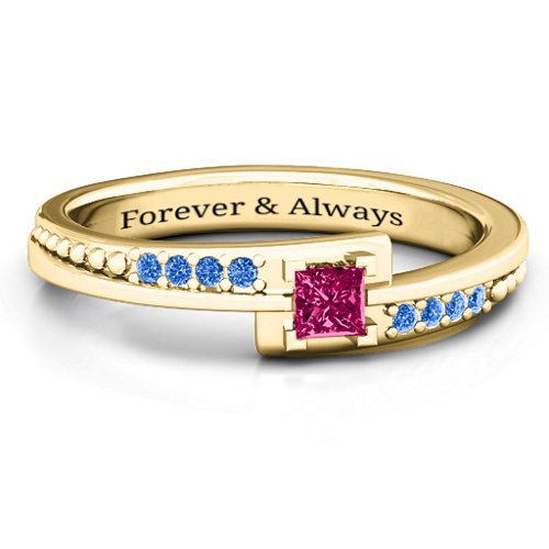 Princess Cut Ring with Accents – 10K Yellow Gold with Ruby and Fancy Blue Premium Zirconia