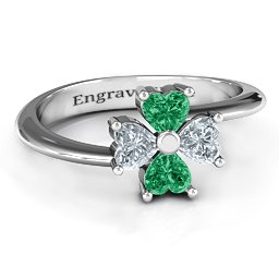 Four Heart Clover Ring in 925 Sterling Silver with Emerald and Cubic Zirconia