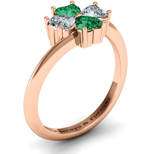 Four Heart Clover Ring – 10K Rose Gold with Emerald and Cubic Zirconia