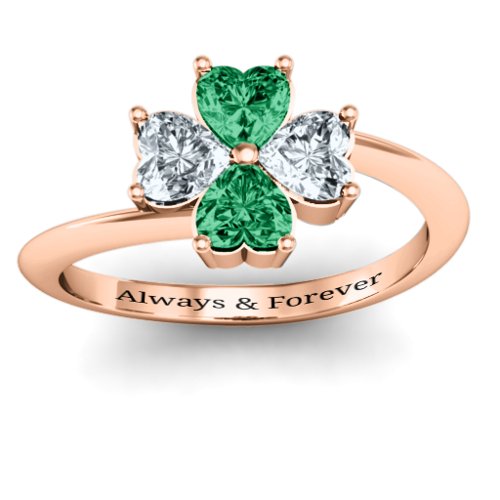 Four Heart Clover Ring – 10K Rose Gold with Emerald and Cubic Zirconia