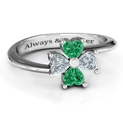 Four Heart Clover Ring – Sterling Silver with Emerald and Cubic Zirconia