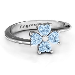 Four Heart Clover Ring in 925 Sterling Silver with Aquamarine
