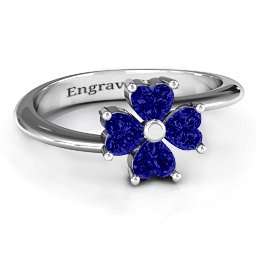 Four Heart Clover Ring in 925 Sterling Silver with Blue Sapphire