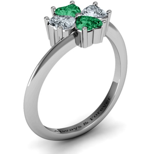 Four Heart Clover Ring – Sterling Silver with Emerald and Cubic Zirconia