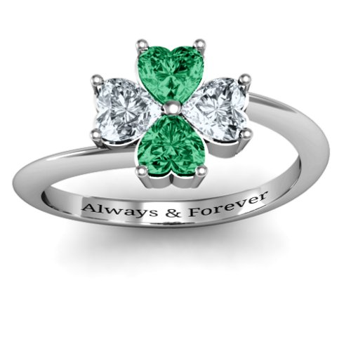 Four Heart Clover Ring – Sterling Silver with Emerald and Cubic Zirconia