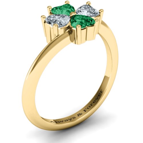 Four Heart Clover Ring – 10K Yellow Gold with Emerald and Cubic Zirconia
