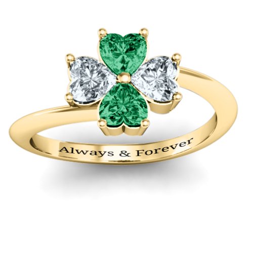 Four Heart Clover Ring – 10K Yellow Gold with Emerald and Cubic Zirconia