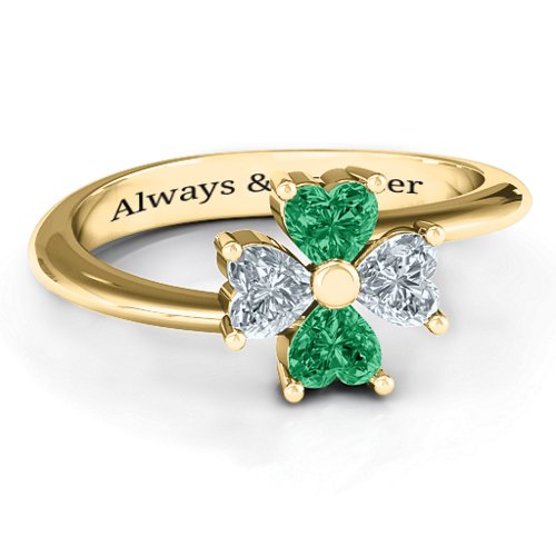 Four Heart Clover Ring – 10K Yellow Gold with Emerald and Cubic Zirconia