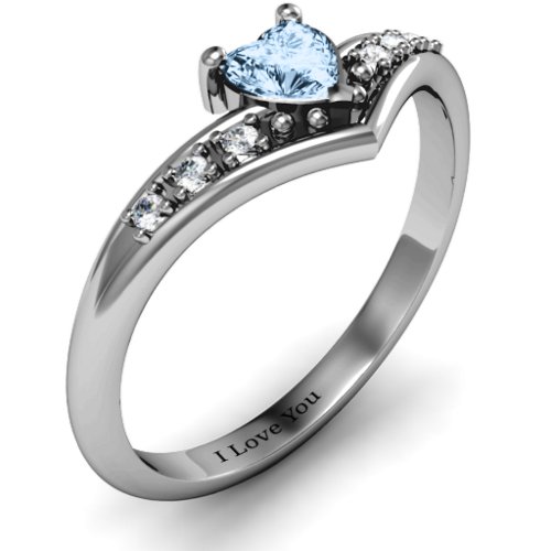 V-Accented Heart Ring – Sterling Silver with Aquamarine and Cubic Zirconia