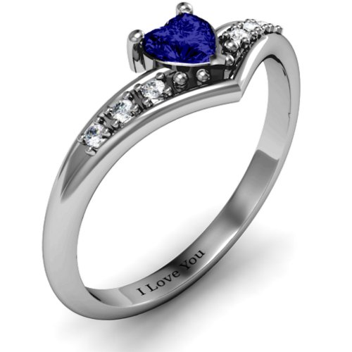 V-Accented Heart Ring – Sterling Silver with Blue Sapphire and Cubic Zirconia