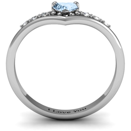 V-Accented Heart Ring – Sterling Silver with Aquamarine and Cubic Zirconia
