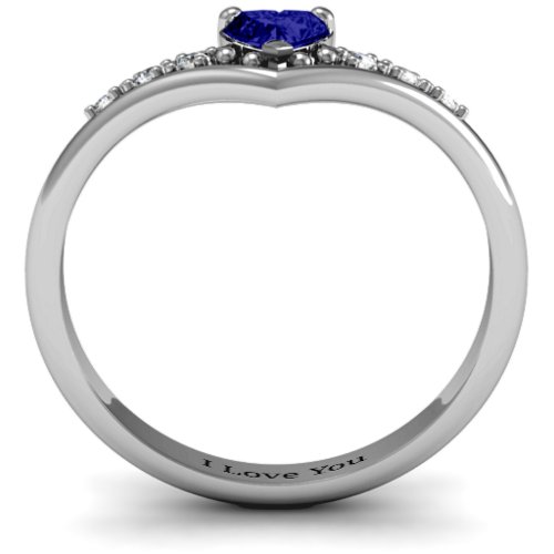 V-Accented Heart Ring – Sterling Silver with Blue Sapphire and Cubic Zirconia