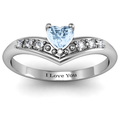 V-Accented Heart Ring – Sterling Silver with Aquamarine and Cubic Zirconia