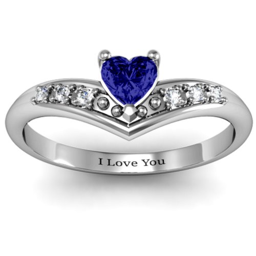 V-Accented Heart Ring – Sterling Silver with Blue Sapphire and Cubic Zirconia
