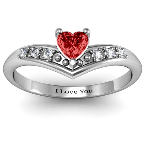V-Accented Heart Ring – Sterling Silver with Garnet and Cubic Zirconia