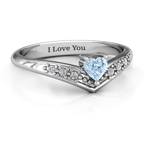 V-Accented Heart Ring – Sterling Silver with Aquamarine and Cubic Zirconia