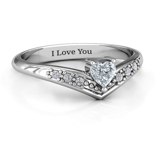 V-Accented Heart Ring – Sterling Silver with Diamond and Cubic Zirconia