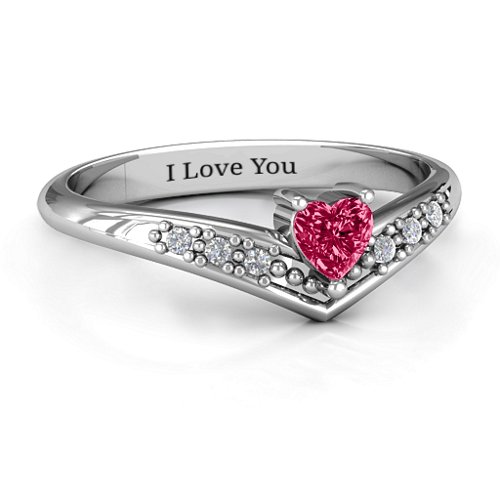 V-Accented Heart Ring – Sterling Silver with Ruby and Cubic Zirconia