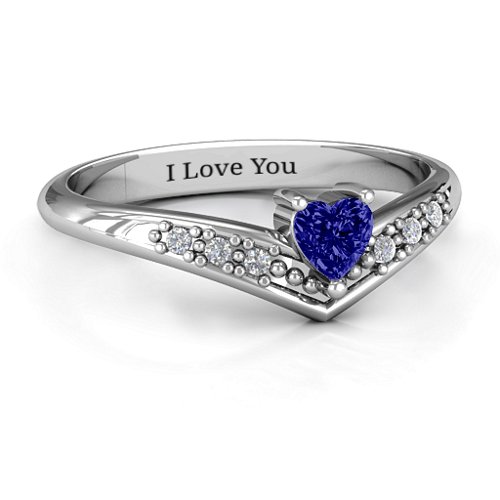 V-Accented Heart Ring – Sterling Silver with Blue Sapphire and Cubic Zirconia