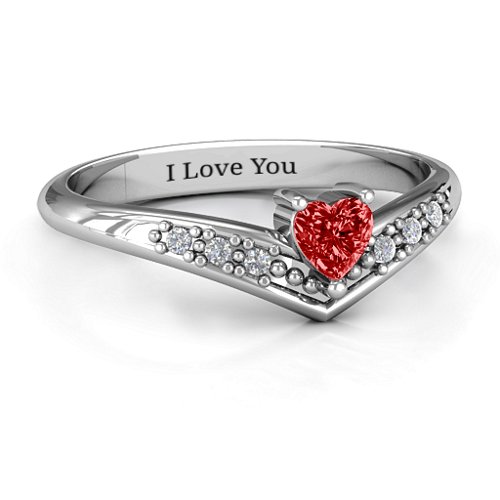 V-Accented Heart Ring – Sterling Silver with Garnet and Cubic Zirconia