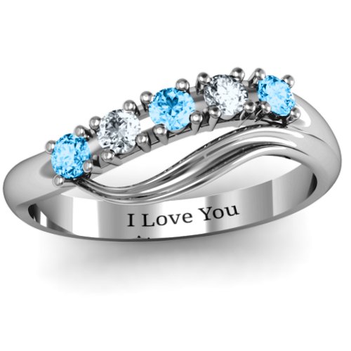 Five Stone Wave Ring – Sterling Silver with Blue Topaz and Cubic Zirconia