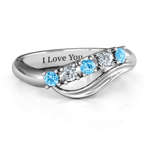 Five Stone Wave Ring – Sterling Silver with Blue Topaz and Cubic Zirconia