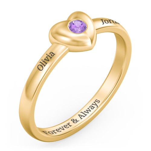 Solid Heart with Gemstone Ring – 18K Gold Plated Silver with Amethyst