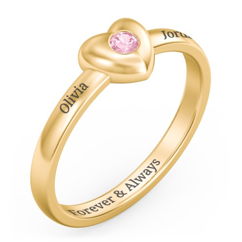 Solid Heart with Gemstone Ring – 18K Gold Plated Silver with Pink Tourmaline