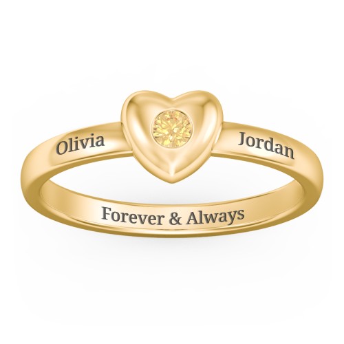 Solid Heart with Gemstone Ring – 18K Gold Plated Silver with Citrine
