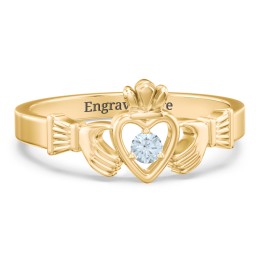 Round Stone Claddagh Ring in 18K Gold Plated Silver with Aquamarine