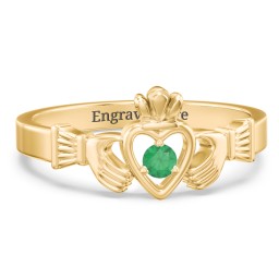 Round Stone Claddagh Ring in 18K Gold Plated Silver with Emerald