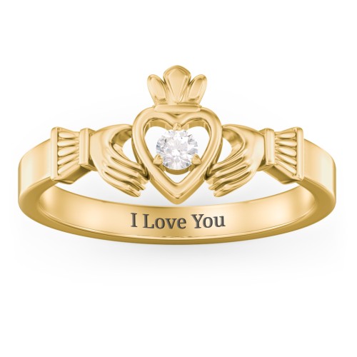 Round Stone Claddagh Ring – 18K Gold Plated Silver with Diamond