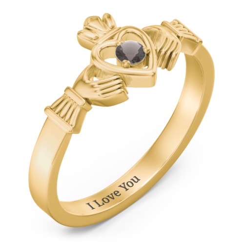 Round Stone Claddagh Ring – 18K Gold Plated Silver with Smokey Quartz