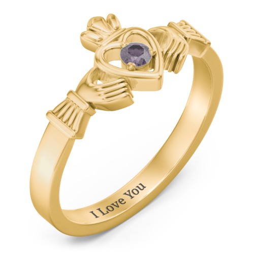 Round Stone Claddagh Ring – 18K Gold Plated Silver with Alexandrite
