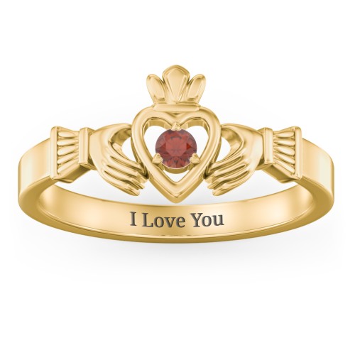 Round Stone Claddagh Ring – 18K Gold Plated Silver with Garnet