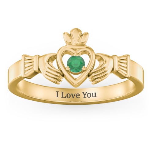 Round Stone Claddagh Ring – 18K Gold Plated Silver with Emerald