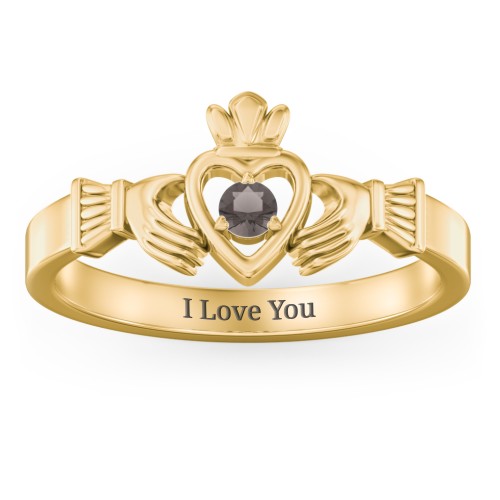 Round Stone Claddagh Ring – 18K Gold Plated Silver with Smokey Quartz